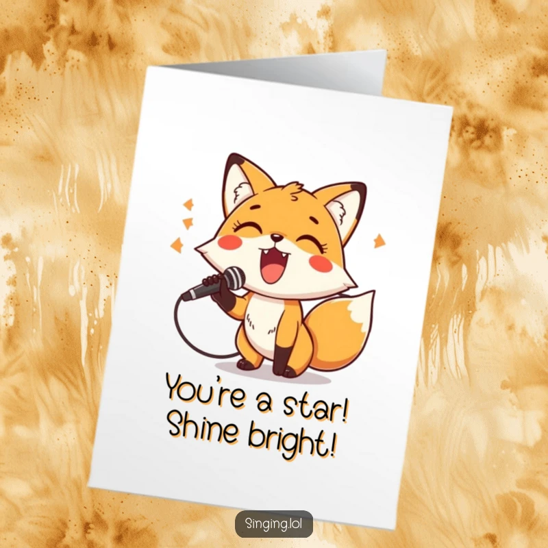 Free printable congratulations card: a cheerful fox holds a microphone and belts out a tune.