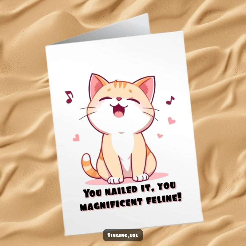 Funny Free Printable Congratulations Card featuring a giggling cat character joyfully yowling a playful, celebratory ballad. An awesome DIY gift.