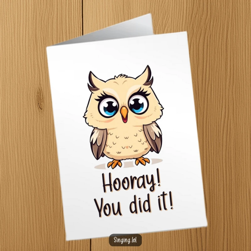 Printable congratulations card: a surprised owl character hoots a high note, eyes wide with shock.