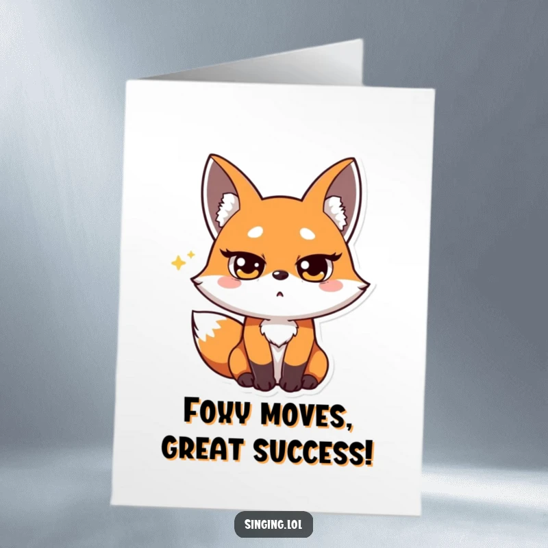 Funny free printable congratulations card showing a surprised fox character belting out a high note with squinted eyes, celebrating victory.
