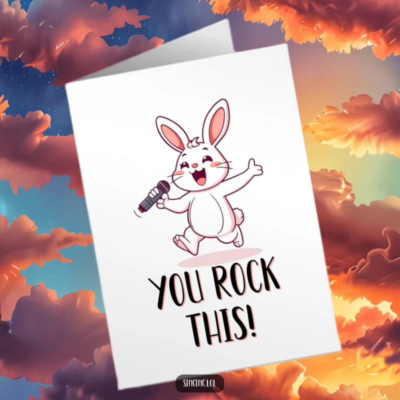 Funny Free Printable Congrats Card: A cheerful bunny hops with a microphone, celebrating a fantastic success with energetic flair.