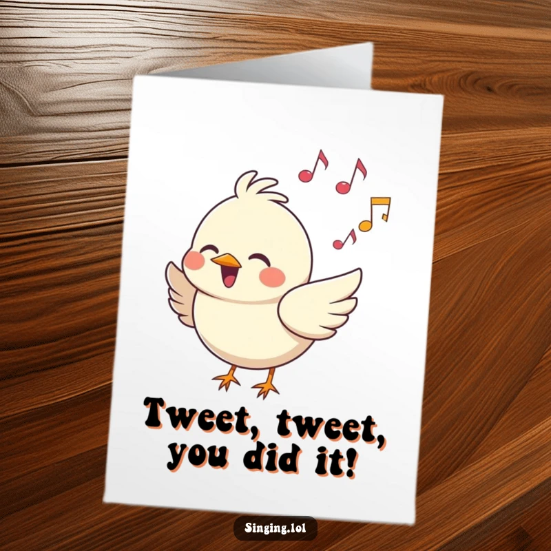 Funny Free Printable Congrats Card: A joyful bird belts out a tune with musical notes swirling, symbolizing celebration, a great downloadable gift.
