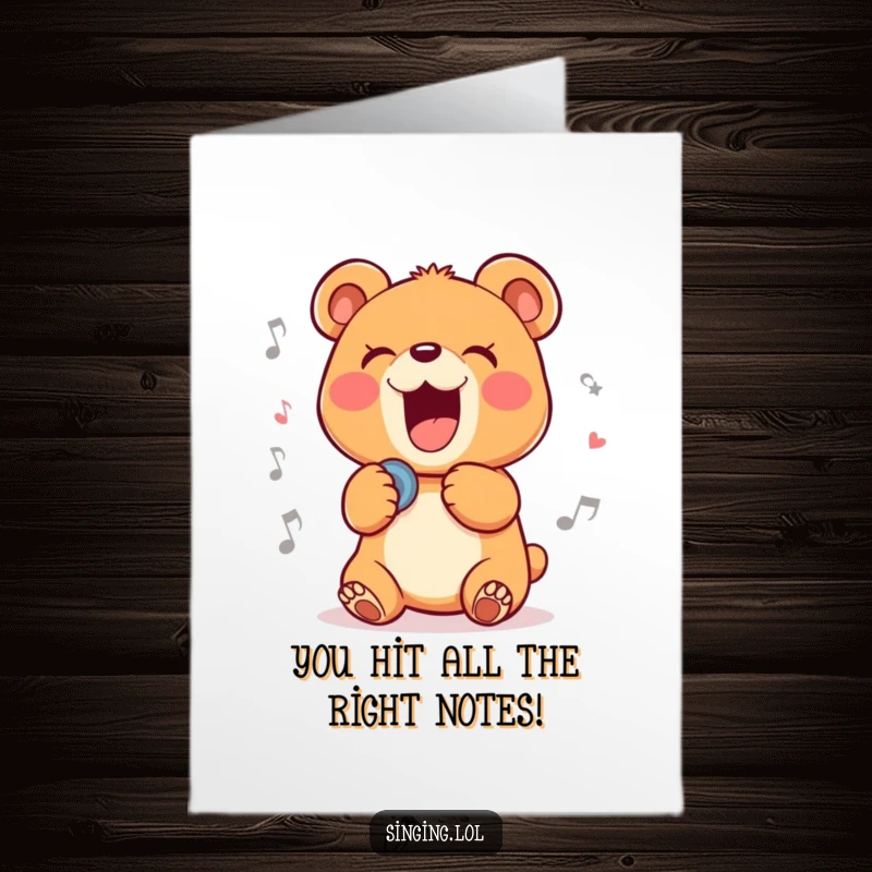 Funny Free Printable Congratulations Card: Delighted bear cub belting out a ballad, celebrating success emotionally, awesome DIY present.