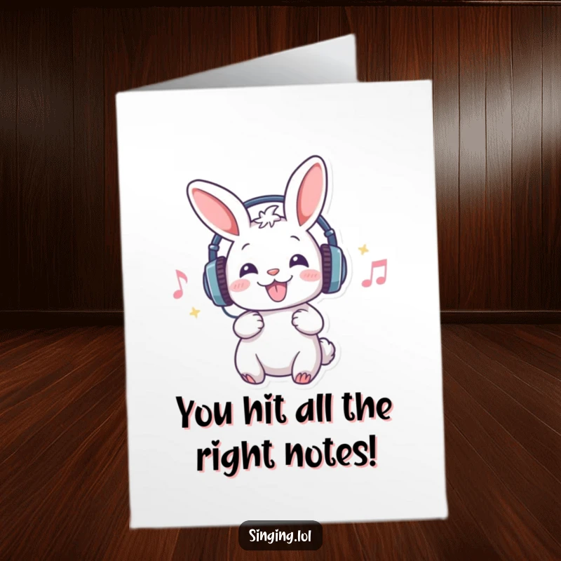 Funny Free Printable Congratulations Card with a cool rabbit in headphones, enthusiastically singing, perfect for a DIY celebration.
