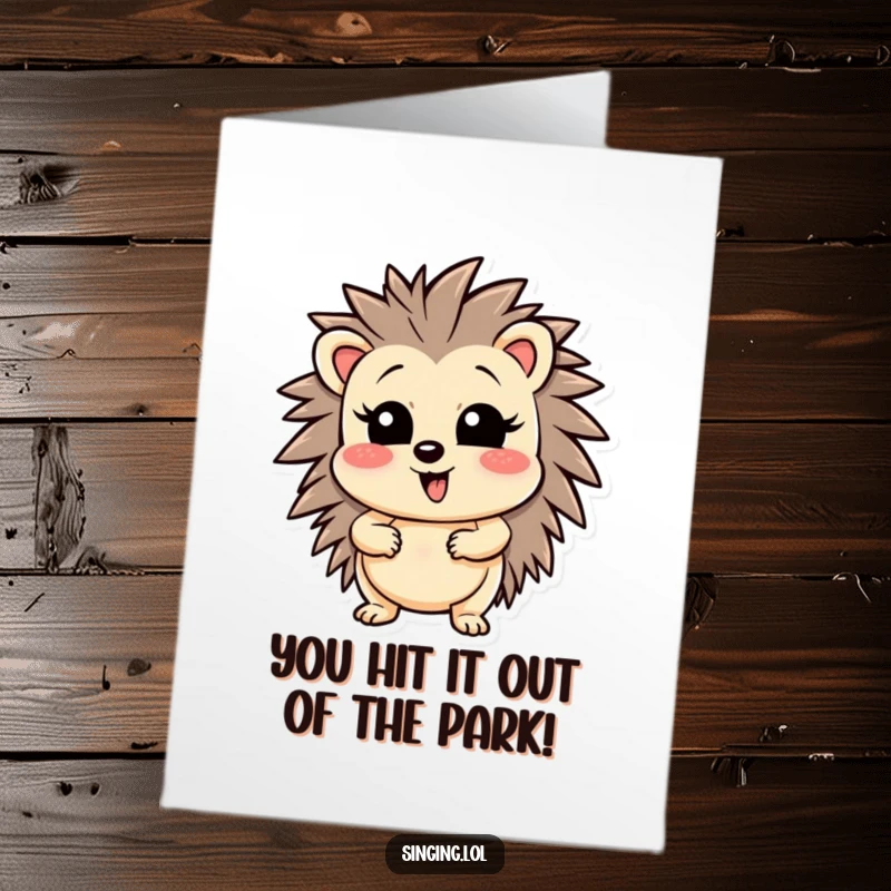 Funny Free Printable Congratulations Card: Wobbly hedgehog belts out a triumphant high note, celebrating a big win.