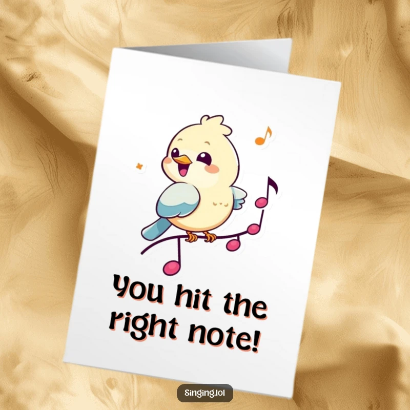 Funny free printable congratulations card showing a cheerful bird chirping joyfully while sitting atop a musical note, celebrating good news.