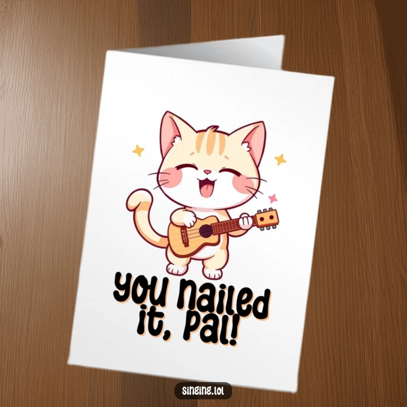 Funny Free Printable congratulations card showing a happy kitten performing an enthusiastic solo dance, tail wagging.
