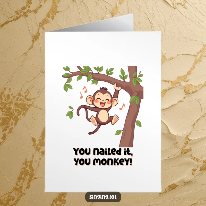 Funny Free Printable Congratulations Card: A playful monkey enthusiastically singing while swinging, celebrating good news.