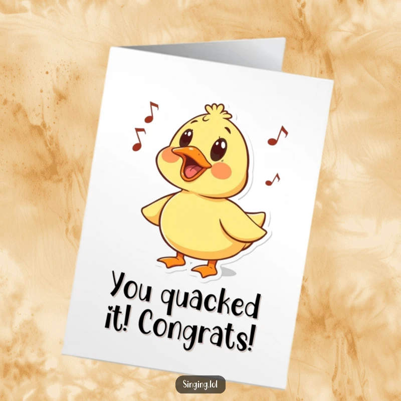 Funny Free Printable Congratulations Card: Surprised duck character musically quacking, celebrating a big win with delight.