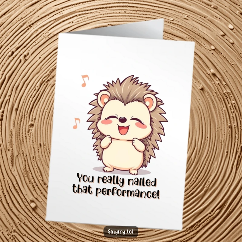 Funny Free Printable Congratulations Card: A smiling hedgehog belts out a song with closed eyes, celebrating a triumph.