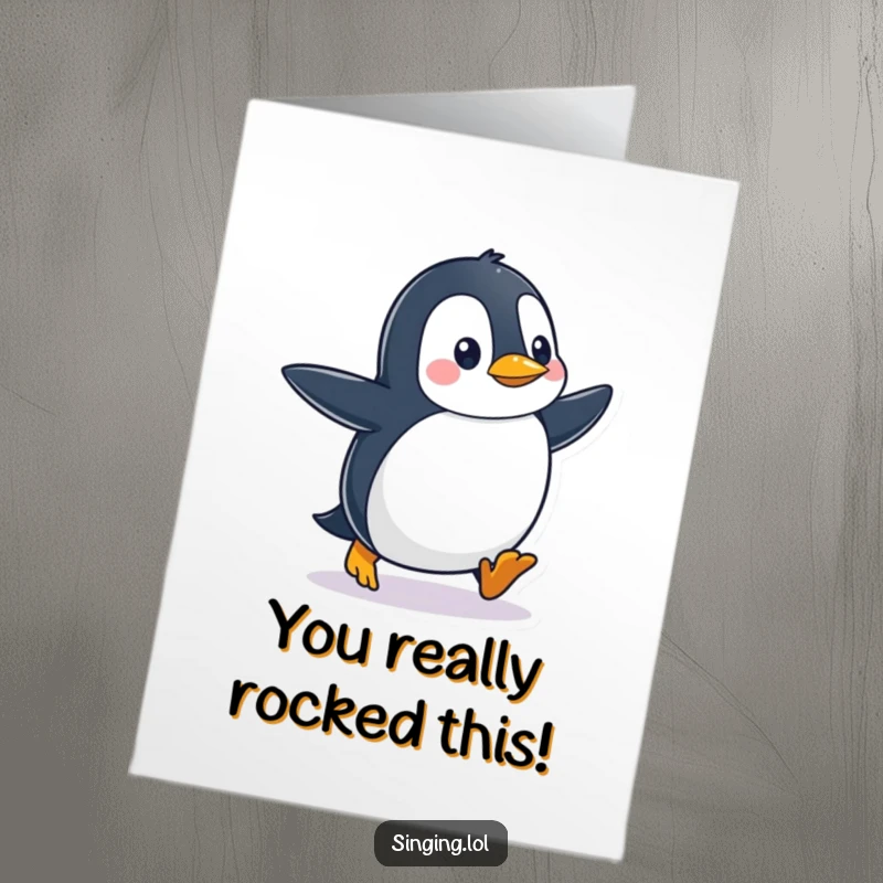 Funny Free Printable Congratulations Card: A cheerful penguin taps its feet with infectious rhythm, celebrating success with a dance.