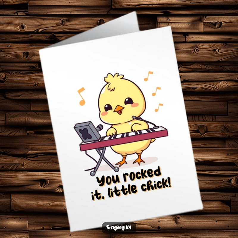Funny Free Printable Congratulations Card: A bouncy chick character pecking keys on a keyboard, singing a victory song.