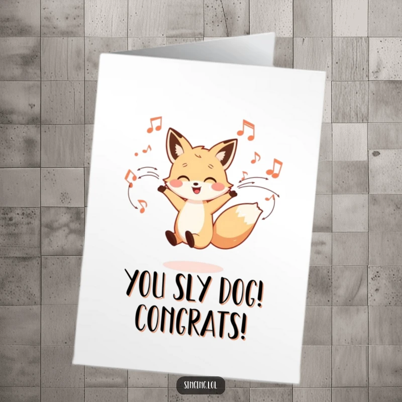 Funny Free Printable Congratulations Card: A little fox happily dancing with musical notes swirling, celebrating your fantastic achievement.