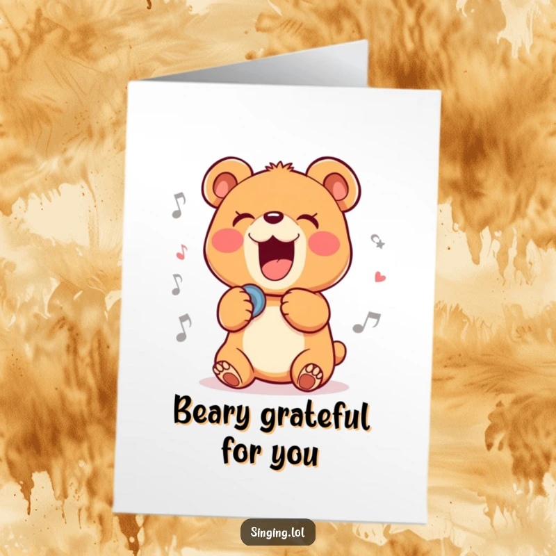 Funny Free Printable Thank You Card: Delighted bear cub belting out a ballad, expressing immense thanks, ideal DIY gift.
