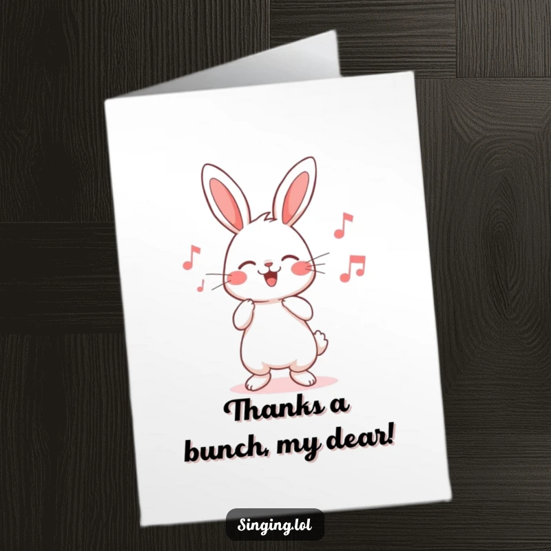 Cute Free Printable Rabbit Thank You Card featuring a character humming a cheerful song, conveying thanks with sweetness.