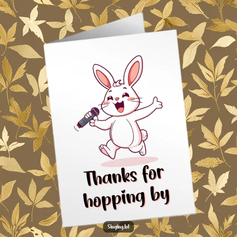 Funny Free Printable Thank You Card: A cheerful bunny hops with a microphone, singing a happy tune to express thanks.