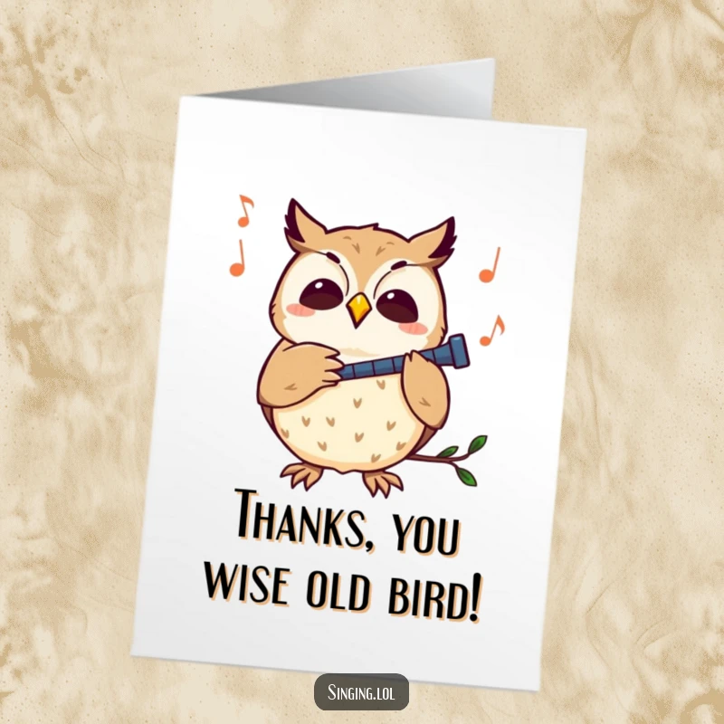 Funny Free Printable Owl Thank You Card: A curious owl character hooting a sweet melody, expressing heartfelt thanks.
