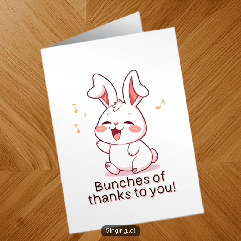 Funny Free Printable Thank You Card featuring a delighted rabbit with floppy ears singing, conveying thanks with sweet humor.