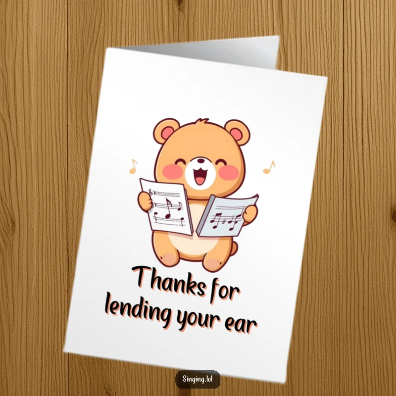 Funny Free Printable Thank You Card: A happy bear character singing from sheet music, conveying thanks melodically.