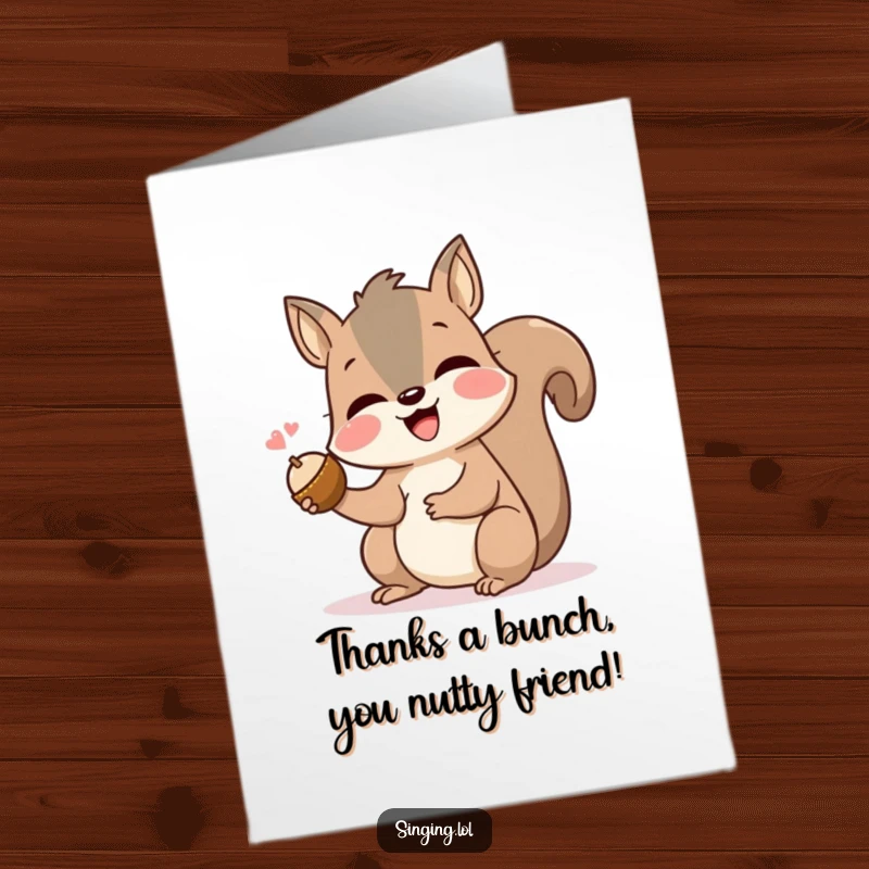 Funny Free Printable Thank You Card: A happy squirrel sings its thanks while holding a tiny, prized nut.