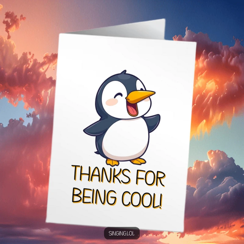 Funny Free Printable Thank You Card of a penguin character squawking a heartfelt ballad, expressing gratitude with humor.