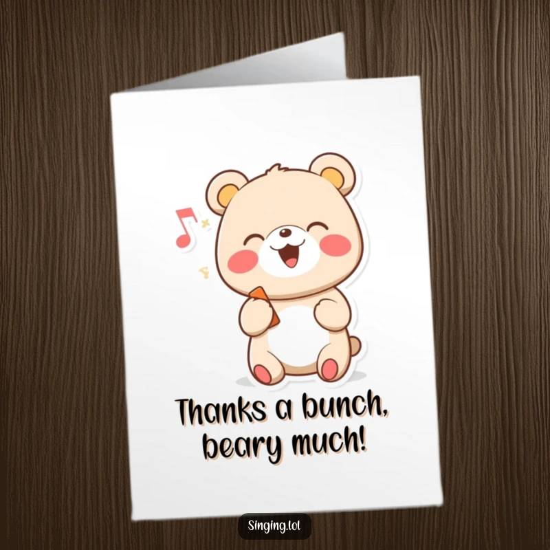 Funny Free Printable Thank You Card: A cheerful cartoon bear character singing its heart out with a big musical note.
