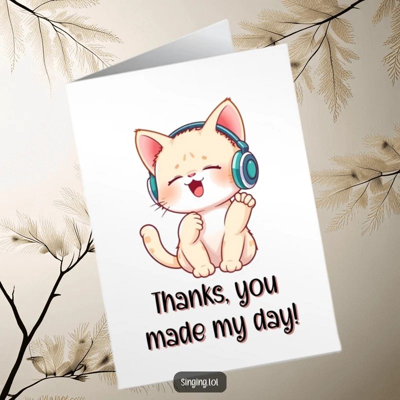 Funny Free Printable Thank You Card: A cute kitten with tiny headphones enjoys singing and tapping its paw.