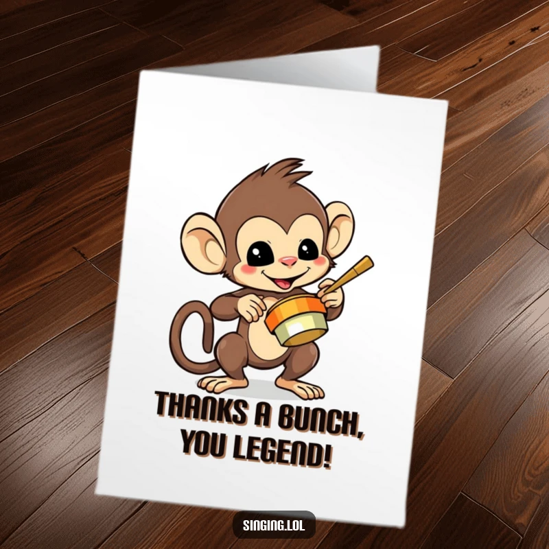 Funny Free Printable Thank You Card: A mischievous monkey character playing cymbals with enthusiastic flair.