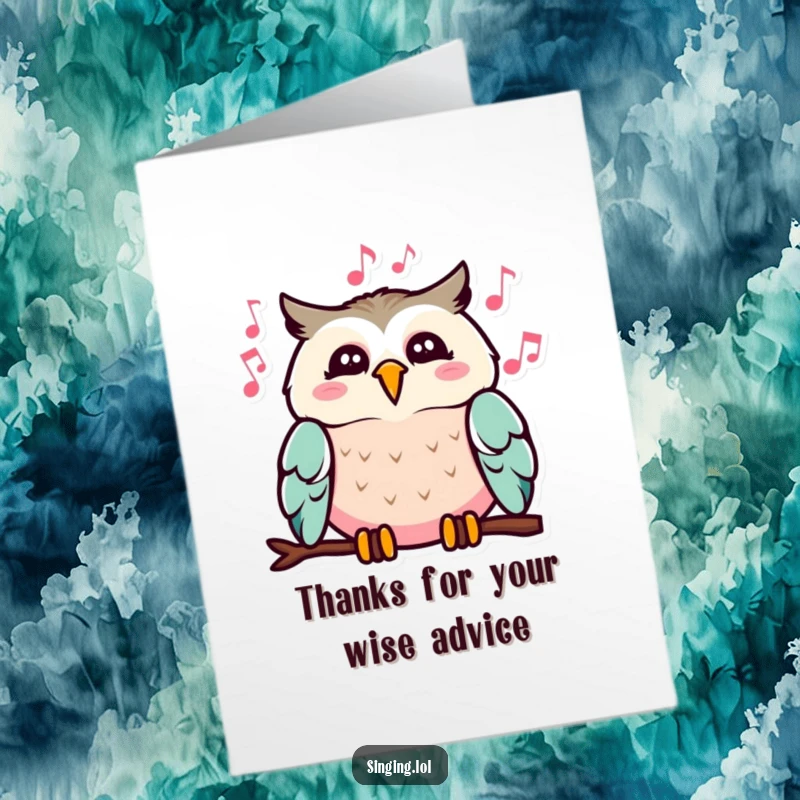 Funny Free Printable Thank You Card: A cheerful owl with musical notes emanating from its beak, singing a thankful melody.