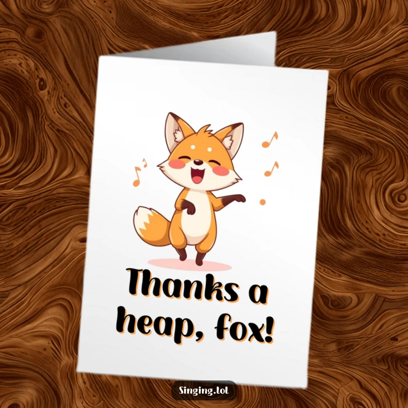 Funny Free Printable Thank You Card featuring a playful fox dancing and singing a silly tune, conveying sincere thanks humorously.