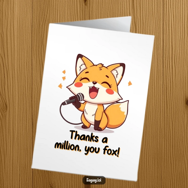 Funny free printable thank you card: a cheerful fox with a microphone belts out a tune.