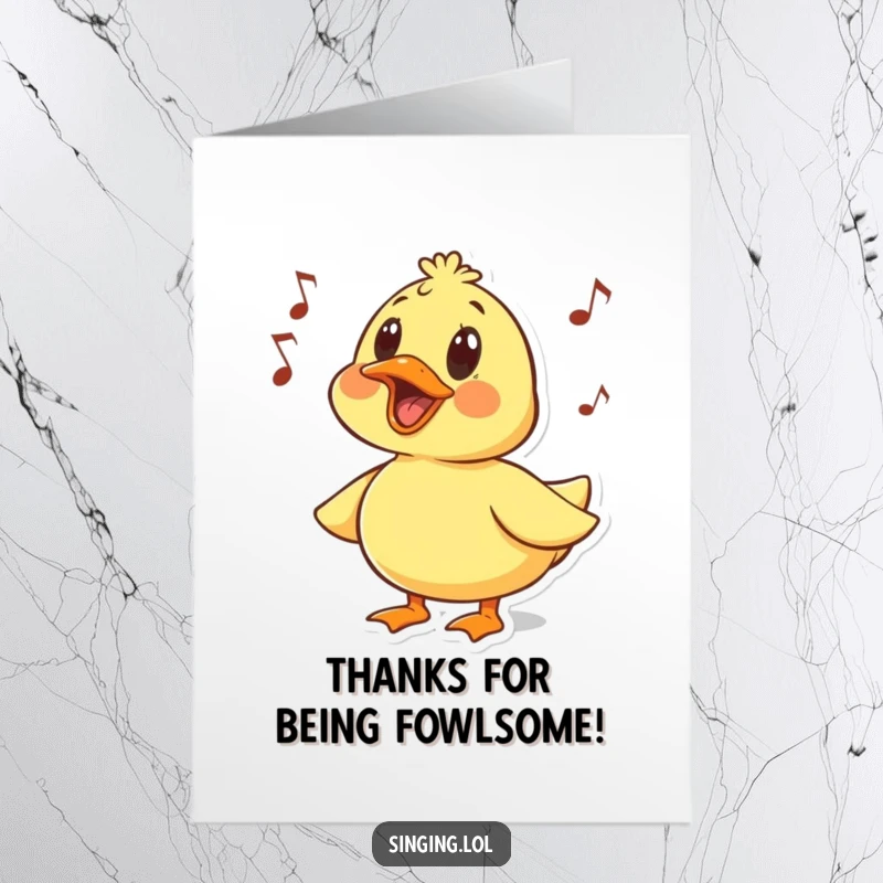 Funny Free Printable Thank You Card: Surprised duck character quacking a happy, thankful melody with a comical expression.