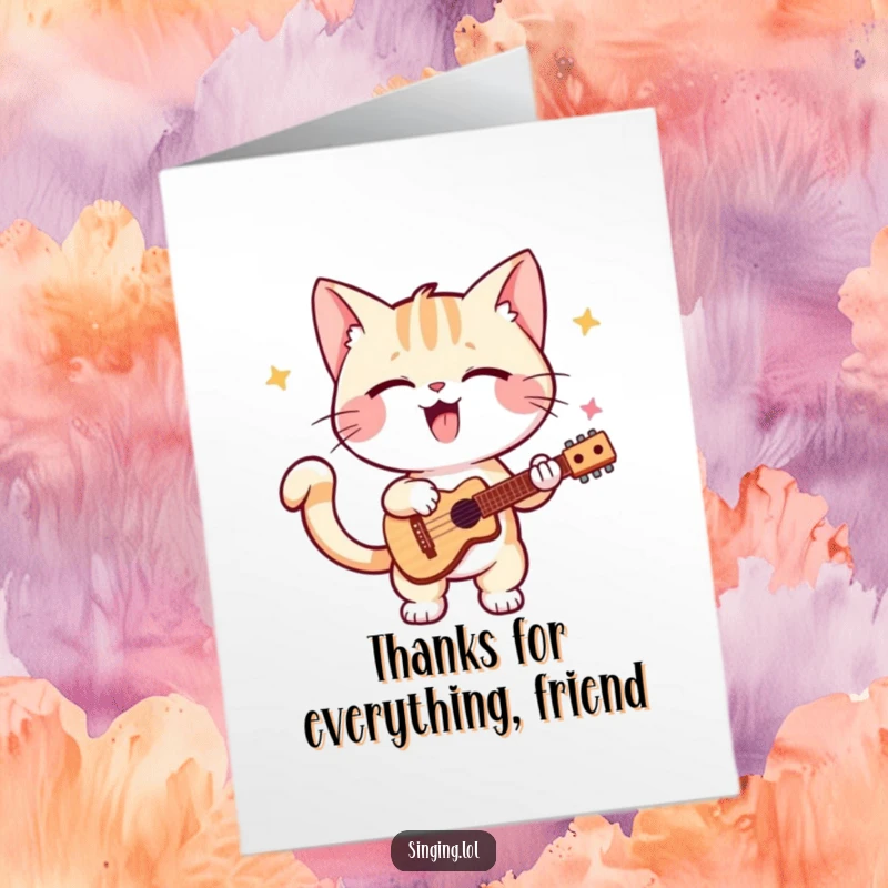 Funny Free Printable thank you card featuring a playful kitten doing a happy solo dance, tail wagging enthusiastically.