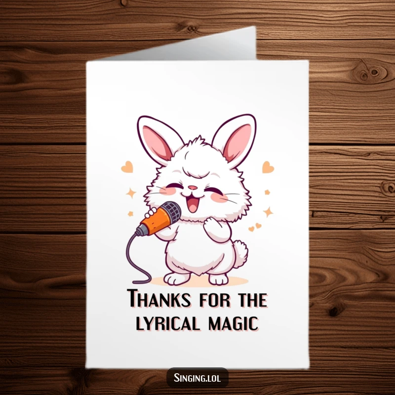 Funny free printable thank you card showcasing a fluffy bunny energetically belting out a tune into a carrot microphone, expressing thanks musically.