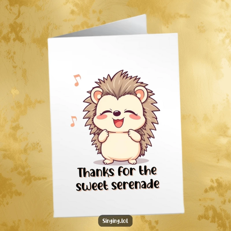 Funny Free Printable Thank You Card: A smiling hedgehog belts out a song with closed eyes, expressing sincere thanks.
