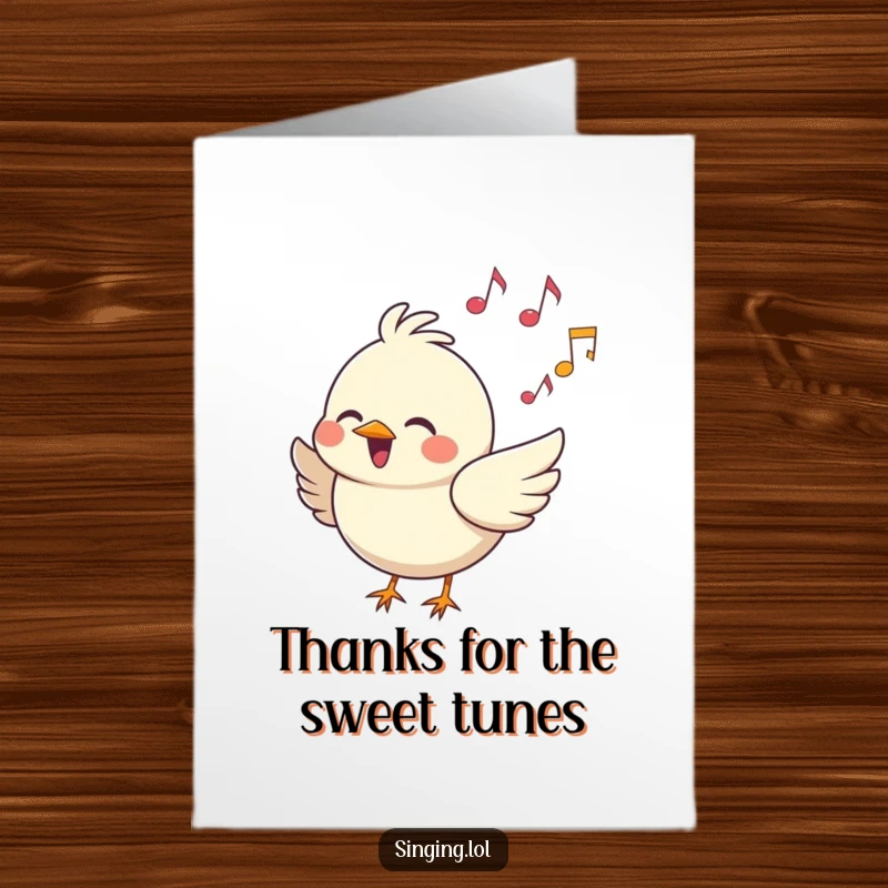 Funny Free Printable Thank You Card: A happy bird sings with musical notes, conveying thanks musically, a sweet DIY gift.