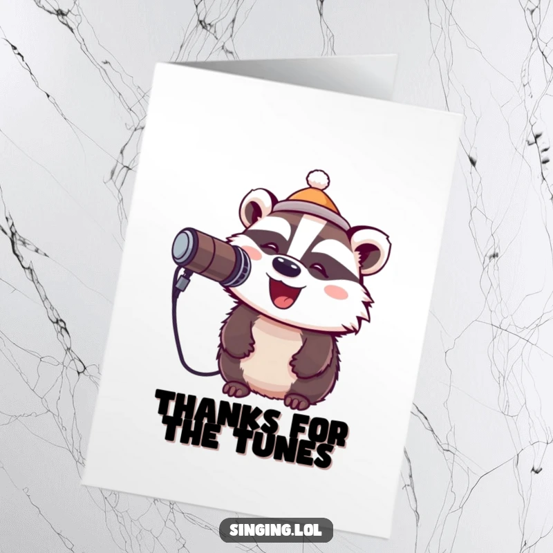 Funny free printable thank you card: A happy badger in a little hat sings joyfully into a microphone.
