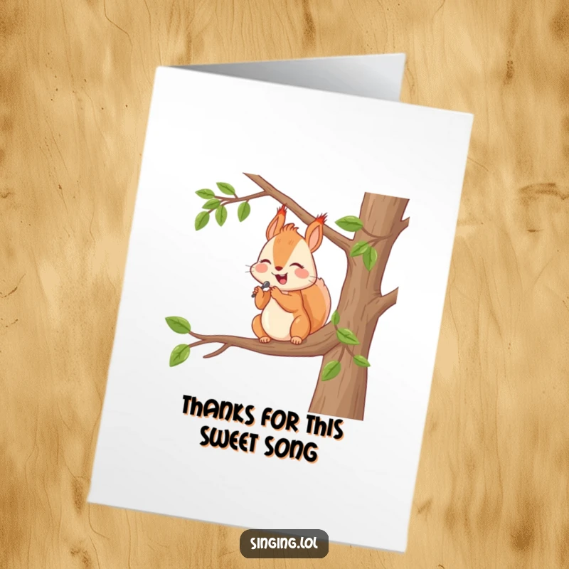 Funny Free Printable Thank You Card: A happy squirrel serenades from a branch, expressing thanks musically, a charming DIY gift.