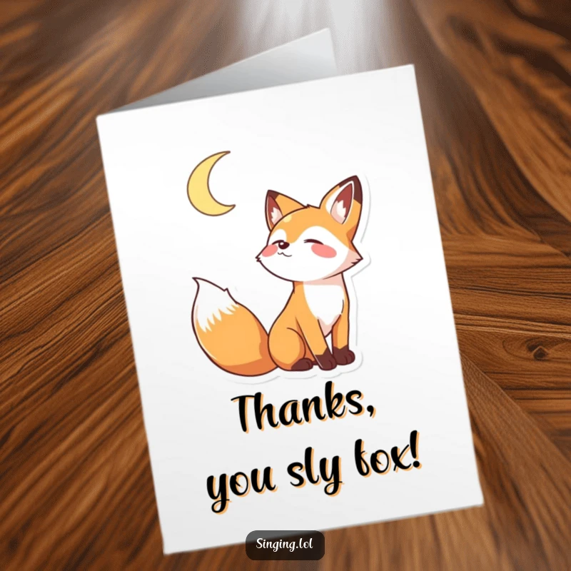 Funny Free Printable Thank You Card: A playful fox character joyfully howling with abandon at a shining crescent moon.