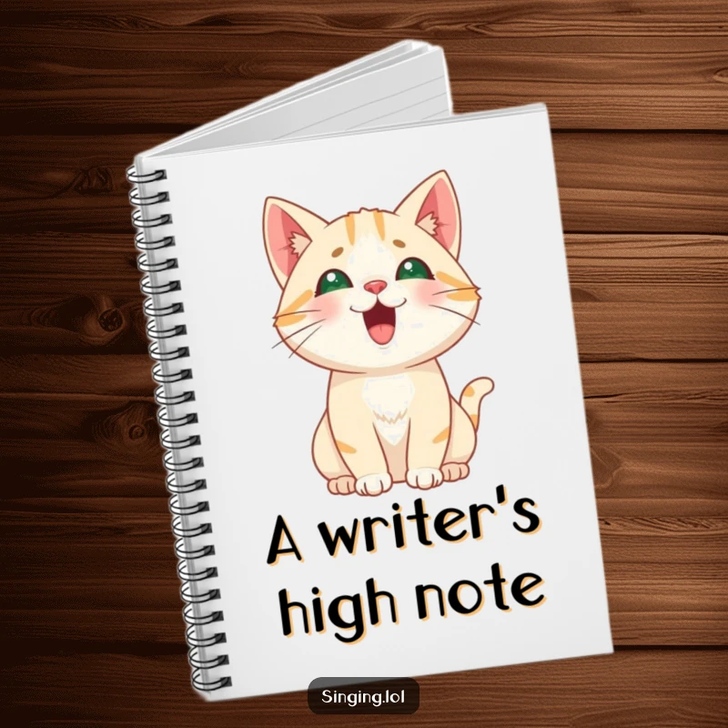 Funny Cat Meowing Notebook, a curious cat character mid-meow at a high, playful pitch, perfect for notes.