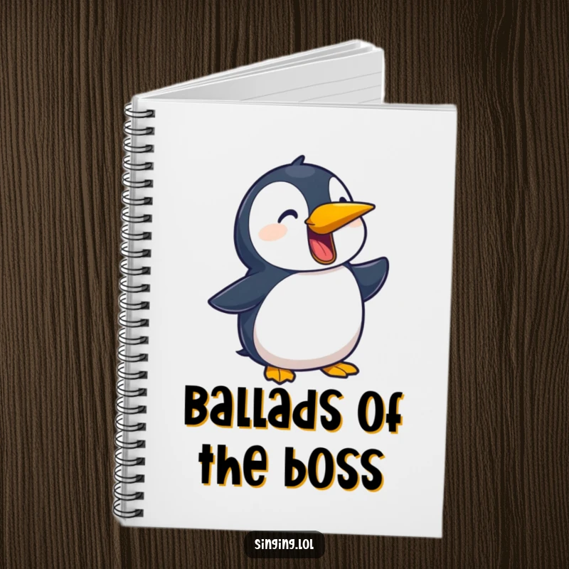 Funny notebook cover with a playful penguin character squawking a ballad, inspiring musical thoughts and creative writing.