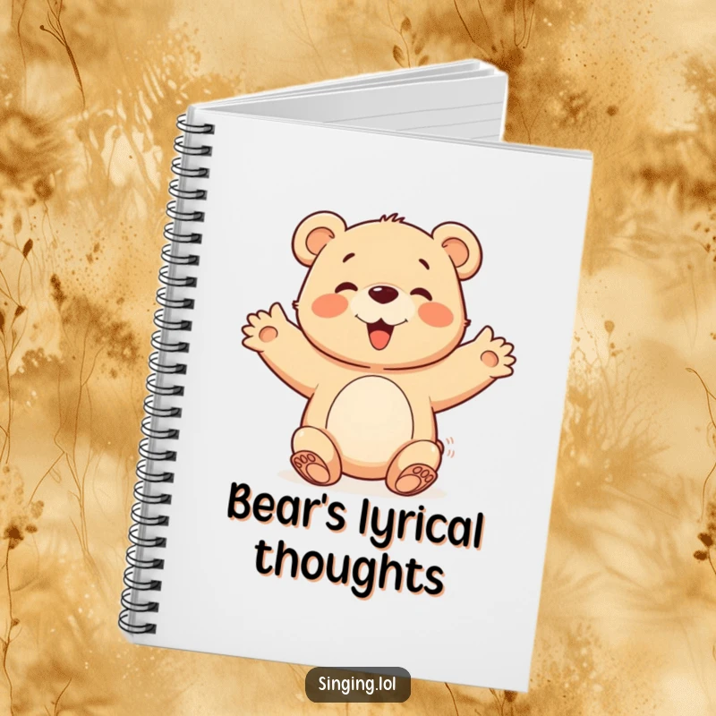 Funny happy bear cub character with open arms, joining a chorus, featured on a notebook cover for joyful and humorous note-taking.