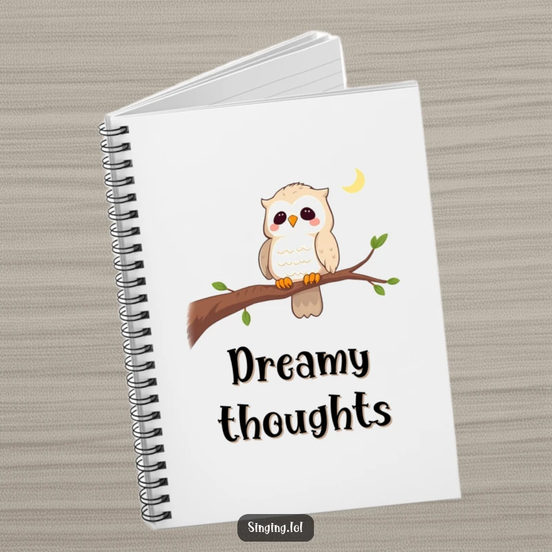 Funny notebook cover featuring a curious owl singing a lullaby on a branch, encouraging quiet reflection and creative writing.