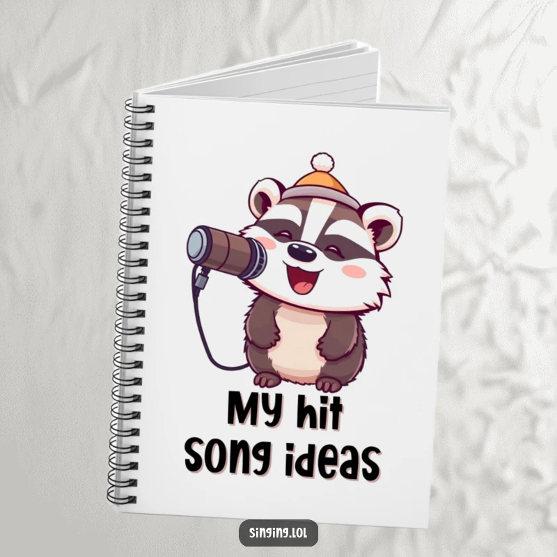 Funny notebook with a cheerful badger wearing a tiny hat and singing into a microphone, perfect for jotting down lyrics.