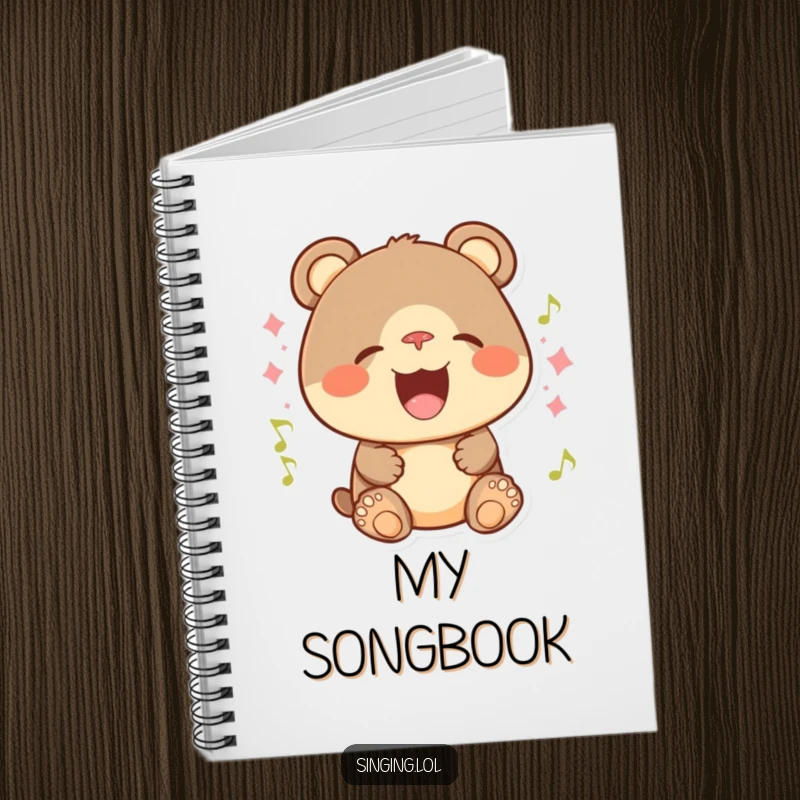Funny notebook featuring a playful bear cub with a wide smile, singing with gusto and cheerful abandon.