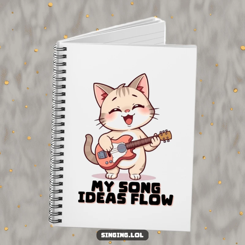 Funny cat giggling with a guitar on a notebook cover, for notes and songs.