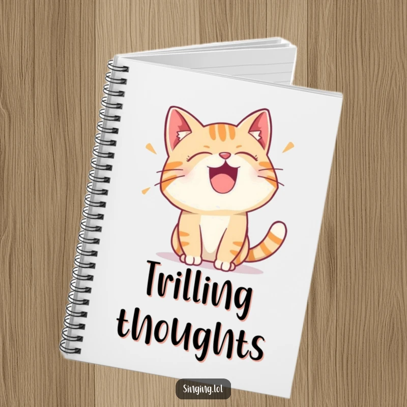 Funny notebook cover with a delighted cat character making a vocal trill, designed for jotting down ideas with feline charm.