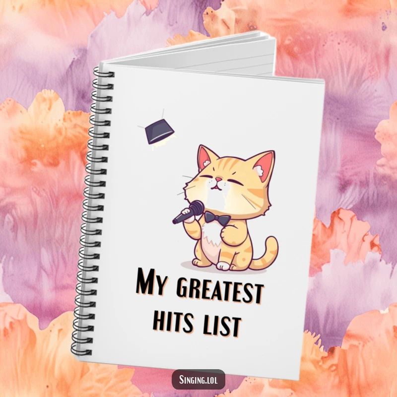 Funny notebook cover with a debonair cat character crooning into a spotlight, ideal for songwriting and creative journaling.
