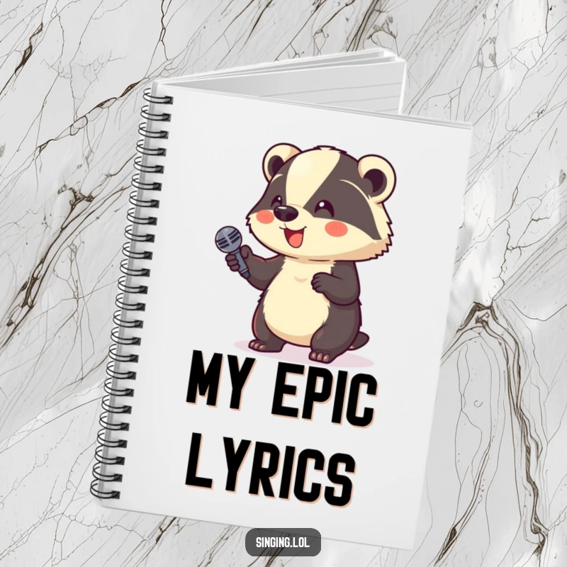 Funny Notebook: A giggling badger holds a microphone, designed for humorous note-taking and joke writing.