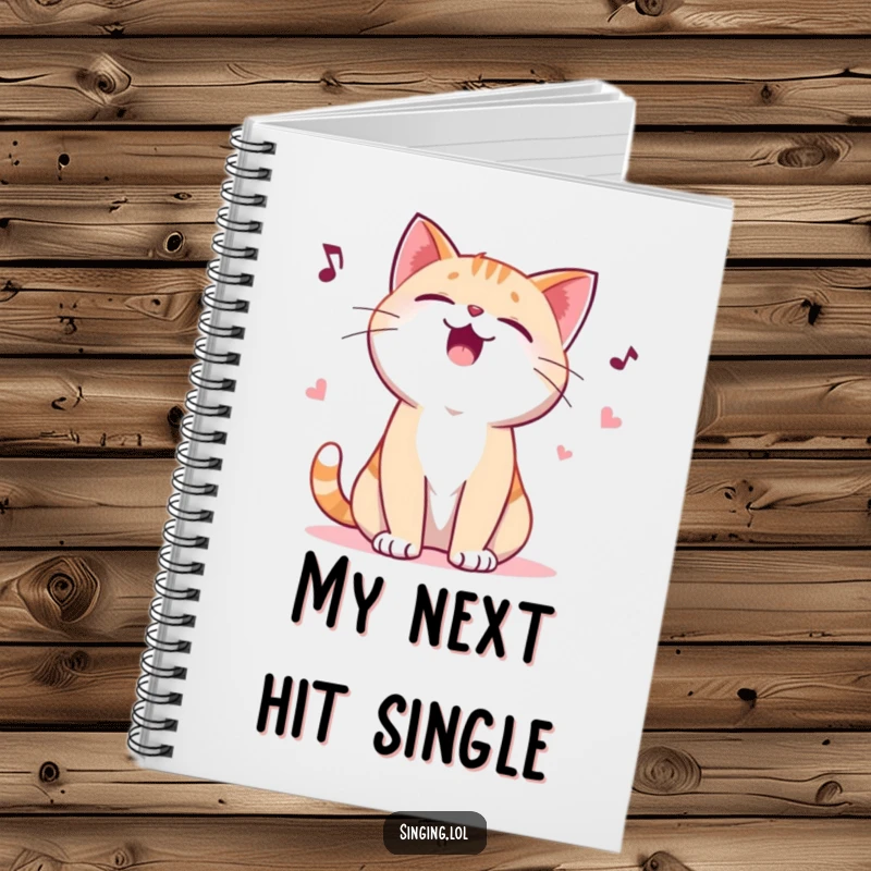 Funny notebook with a giggling cat character yowling a playful ballad, perfect for capturing notes, ideas, and humorous thoughts.